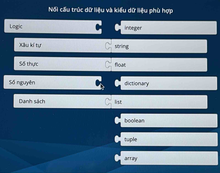 Nối cấu trúc dữ liệu và kiểu dữ liệu phù hợp
Logic integer
Xâu kí tự string
Số thực float
Số nguyên dictionary
Danh sách list
boolean
tuple
array