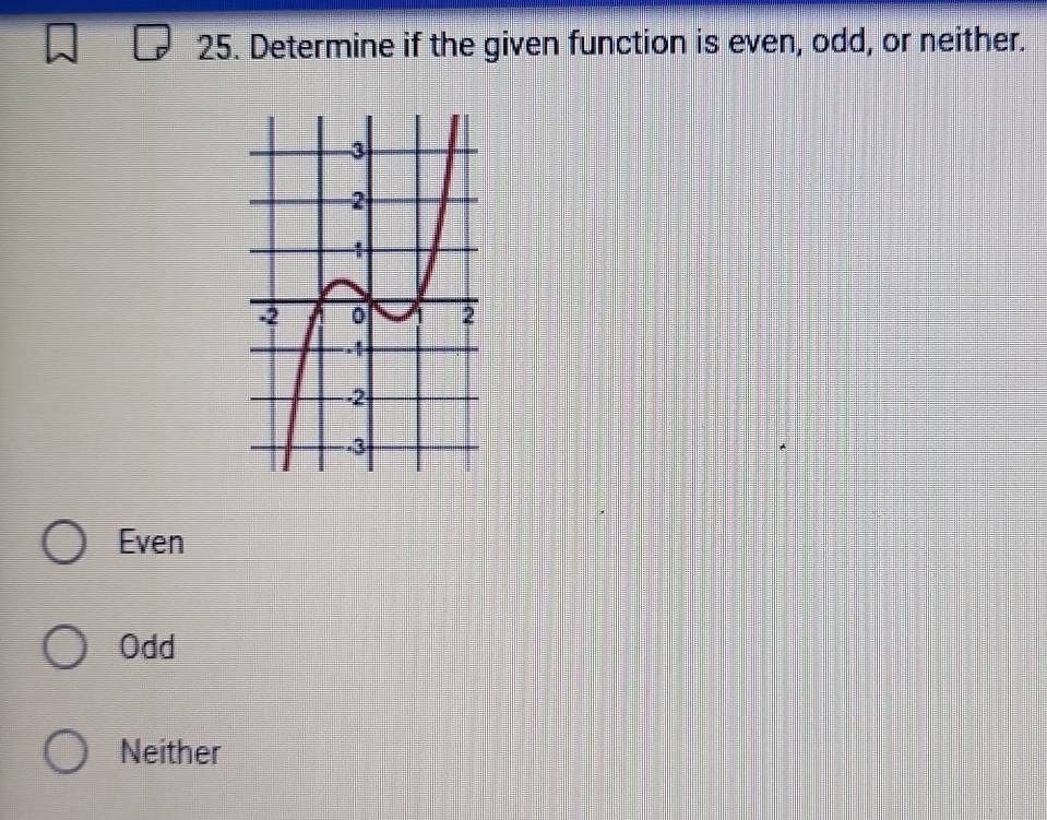 Determine if the given function is even, odd, or neither.
Even
Odd
Neither