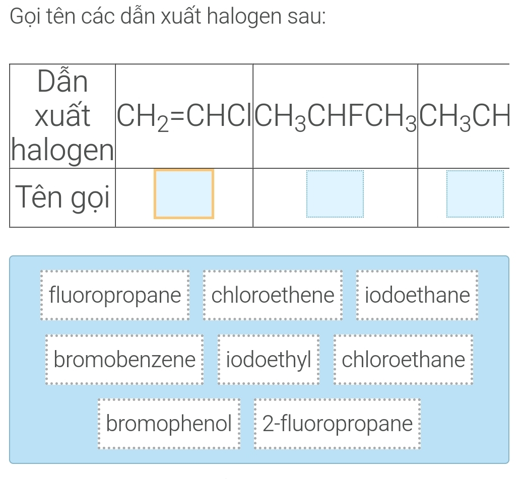 Gọi tên các dẫn xuất halogen sau:
fluoropropane chloroethene iodoethane
bromobenzene iodoethyl chloroethane
bromophenol 2-fluoropropane