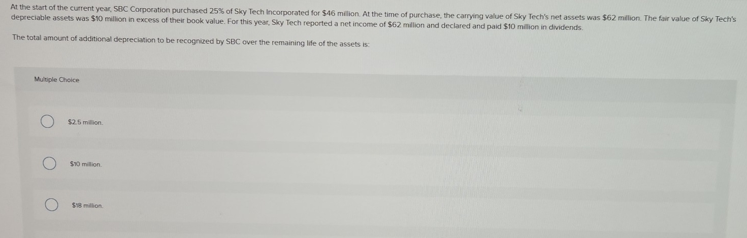 At the start of the current year, SBC Corporation purchased 25% of Sky Tech Incorporated for $46 million. At the time of purchase, the carrying value of Sky Tech's net assets was $62 million. The fair value of Sky Tech's
depreciable assets was $10 million in excess of their book value. For this year, Sky Tech reported a net income of $62 million and declared and paid $10 million in dividends.
The total amount of additional depreciation to be recognized by SBC over the remaining life of the assets is:
Multiple Choice
$25 million.
$10 million.
$18 million.