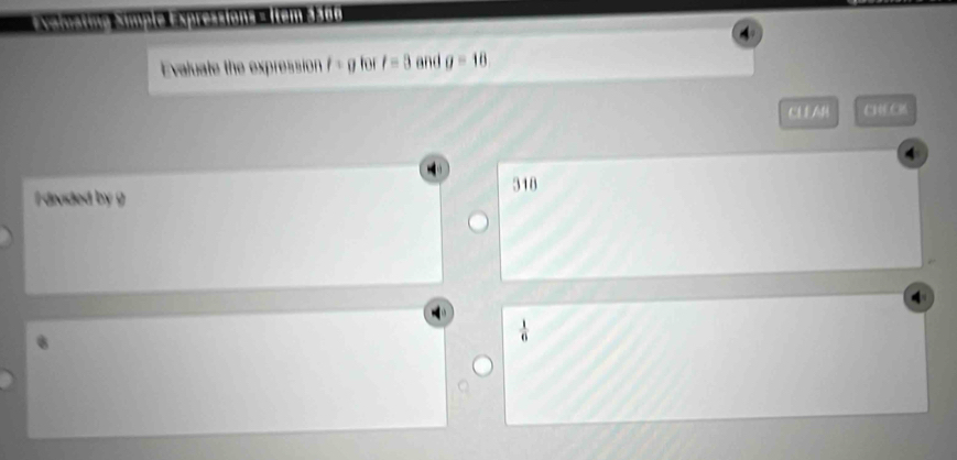 Noratov Ale Expressións = (tem ásd
Evaluate the expression P=0 for t=3 and g=18
CLEAH C1
318
i divided by g
 1/6 