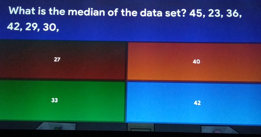 What is the median of the data set? 45, 23, 36,
42, 29, 30,
27
40
33
42