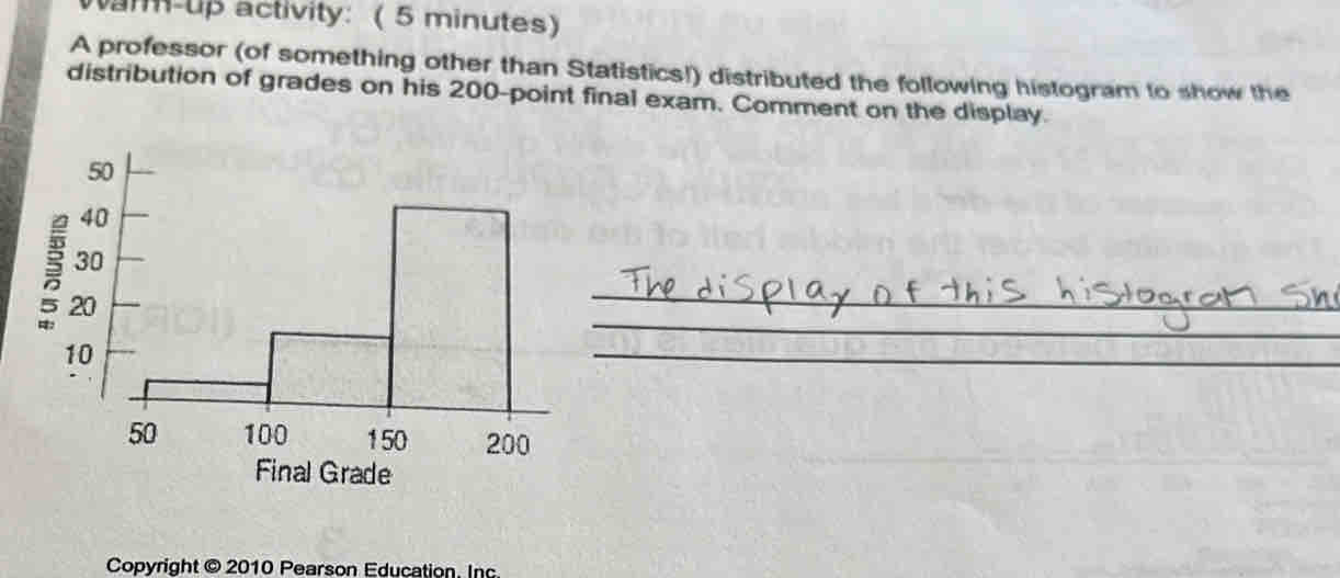 r-up activity: ( 5 minutes) 
A professor (of something other than Statistics!) distributed the following histogram to show the 
distribution of grades on his 200 -point final exam. Comment on the display. 
_ 
_ 
_ 
Final Grade 
Copyright © 2010 Pearson Education. Inc.