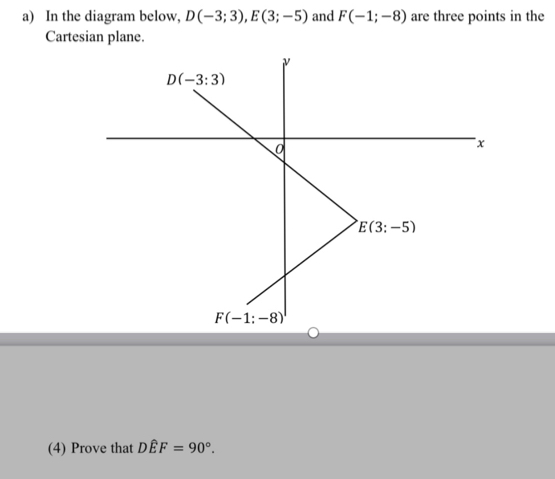 In the diagram below, D(-3;3) E(3;-5) and F(-1;-8) are three points in the
Cartesian plane..
(4) Prove that DEF=90°