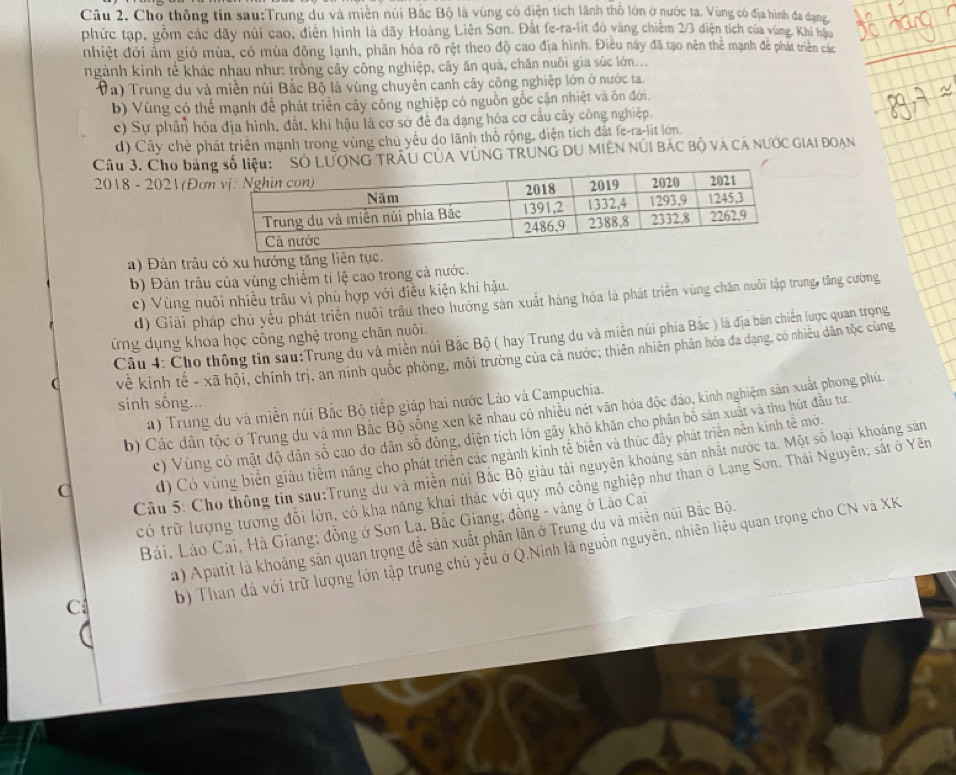 Cho thông tin sau:Trung du và miền núi Bắc Bộ là vùng có điện tích lãnh thổ lớn ở nước ta. Vùng có địa hình đa dạng
phức tạp, gồm các dãy núi cao, điễn hình là dãy Hoàng Liên Sơn. Đắt fe-ra-lit đỏ vàng chiếm 2/3 điện tích của vùng. Khi hậu
nhiệt đới ẩm gió mùa, có mùa đông lạnh, phân hóa rõ rệt theo độ cao địa hình. Điều này đã tạo nên thể mạnh để phát triển các
ngành kinh tế khác nhau như: trồng cây công nghiệp, cây ăn quá, chăn nuôi gia súc lớn...
Va) Trung du và miền núi Bắc Bộ là vùng chuyên canh cây công nghiệp lớn ở nước ta.
b) Vùng có thể mạnh để phát triển cây công nghiệp có nguồn gốc cận nhiệt và ôn đới.
c) Sự phân hỏa địa hình, đất, khi hậu là cơ sở để đa dạng hóa cơ cầu cây công nghiệp.
d) Cây chè phát triển mạnh trong vùng chủ yểu do lãnh thổ rộng, điện tích đất fe-ra-lit lớn.
Câu 3. Cho bảnu: ' SÓ LƯƠNG TRÂU CUA VÚNG TRUNG DU MIÊN NÚI BÁC Bộ Và CÁ NƯỚC GIAI ĐOAN
2018 - 2021 (Đơ
) Đàn trâu có xu hướng tăng liên t
b) Đản trâu của vùng chiếm tỉ lệ cao trong cả nước.
c) Vùng nuôi nhiều trâu vì phù hợp với điều kiện khi hậu.
d) Giải pháp chủ yểu phát triển nuôi trâu theo hướng sân xuất háng hóa là phát triển vùng chăn nuôi tập trung, tăng cường
ứng dụng khoa học công nghệ trong chăn nuôi.
Câu 4: Cho thông tin sau:Trung du và miền núi Bắc Bộ ( hay Trung du và miền núi phía Bắc ) là địa bản chiến lược quan trọng
( về kinh tế - xã hội, chính trị, an ninh quốc phòng, môi trường của cả nước, thiên nhiên phản hóa đa dạng, có nhiều dân tộc cùng
sinh sống...
a) Trung du và miền núi Bắc Bộ tiếp giáp hai nước Lào và Campuchia.
b) Các dân tộc ở Trung du và mn Bắc Bộ sống xen kẽ nhau có nhiều nét văn hóa độc đảo, kinh nghiệm sản xuất phong phú
c) Vùng có mật độ dân số cao đo dân số đỏng, diện tích lớn gây khỏ khán cho phân bố sản xuất và thu hút đầu tư.
C d) Có vùng biển giàu tiểm năng cho phát triển các ngành kinh tế biển và thúc đây phát triển nền kinh tế mở
Câu 5: Cho thông tin sau:Trung du và miên núi Bắc Bộ giàu tải nguyên khoảng sản nhất nước ta. Một số loại khoáng sản
có trữ lượng tương đổi lớn, có kha năng khai thác với quy mô công nghiệp như than ở Lạng Sơn, Thái Nguyên; sắt ở Yên
Bải, Lào Cai, Hà Giang; đồng ở Sơn La, Bắc Giang; đồng - vàng ở Lào Cai
a) Apatit là khoáng sản quan trọng để sản xuất phân lân ở Trung du và miền núi Bắc Bộ.
C b) Than đá với trữ lượng lớn tập trung chủ yếu ở Q.Ninh là nguồn nguyên, nhiên liệu quan trọng cho CN và XK