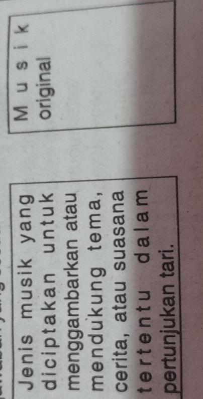 Jenis musik yang 
M u s i k 
d ic i p t ak an u n t uk original 
menggambarkan atau 
mendukung tema, 
cerita, atau suasana 
tertentu dalam 
pertunjukan tari.