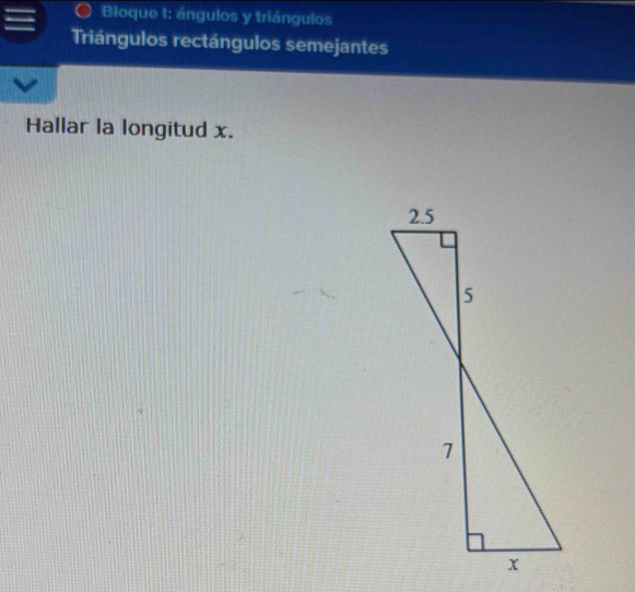 Bloque I: ángulos y triángulos 
Triángulos rectángulos semejantes 
Hallar la longitud x.