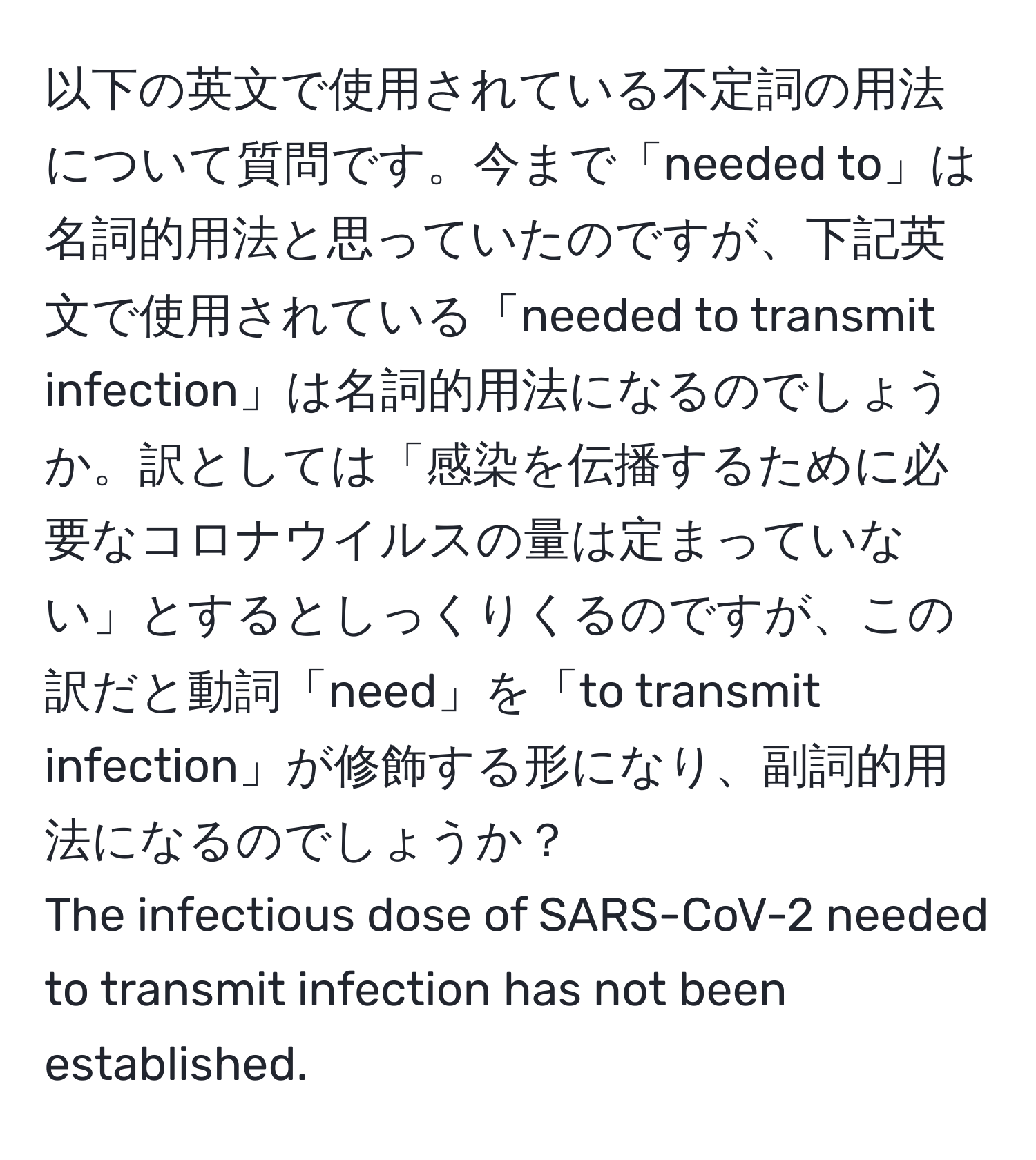 以下の英文で使用されている不定詞の用法について質問です。今まで「needed to」は名詞的用法と思っていたのですが、下記英文で使用されている「needed to transmit infection」は名詞的用法になるのでしょうか。訳としては「感染を伝播するために必要なコロナウイルスの量は定まっていない」とするとしっくりくるのですが、この訳だと動詞「need」を「to transmit infection」が修飾する形になり、副詞的用法になるのでしょうか？  
The infectious dose of SARS-CoV-2 needed to transmit infection has not been established.