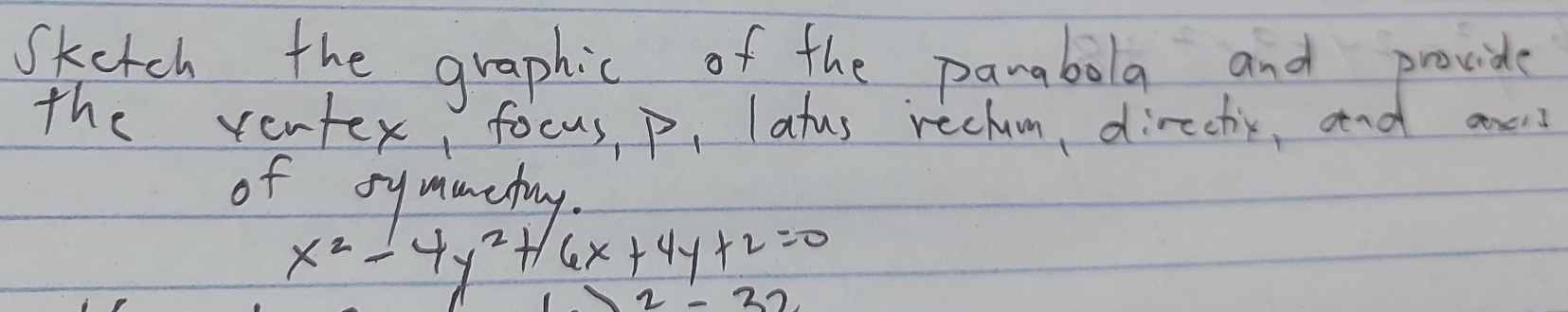 Sketch the graphic of the panabola and provide 
the rentex, focus, p, latus rechum, directi, and and 
of symmetiy.
x^2-4y^2+6x+4y+2=0
2-32