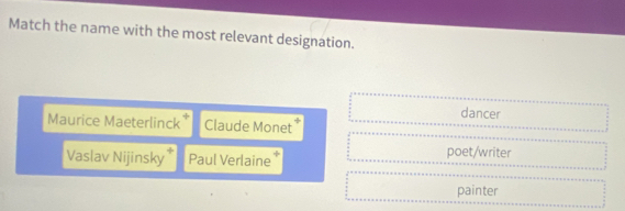 Match the name with the most relevant designation.
dancer
Maurice Maeterlinck Claude Monet
Vaslav Nijinsky Paul Verlaine
poet/writer
painter