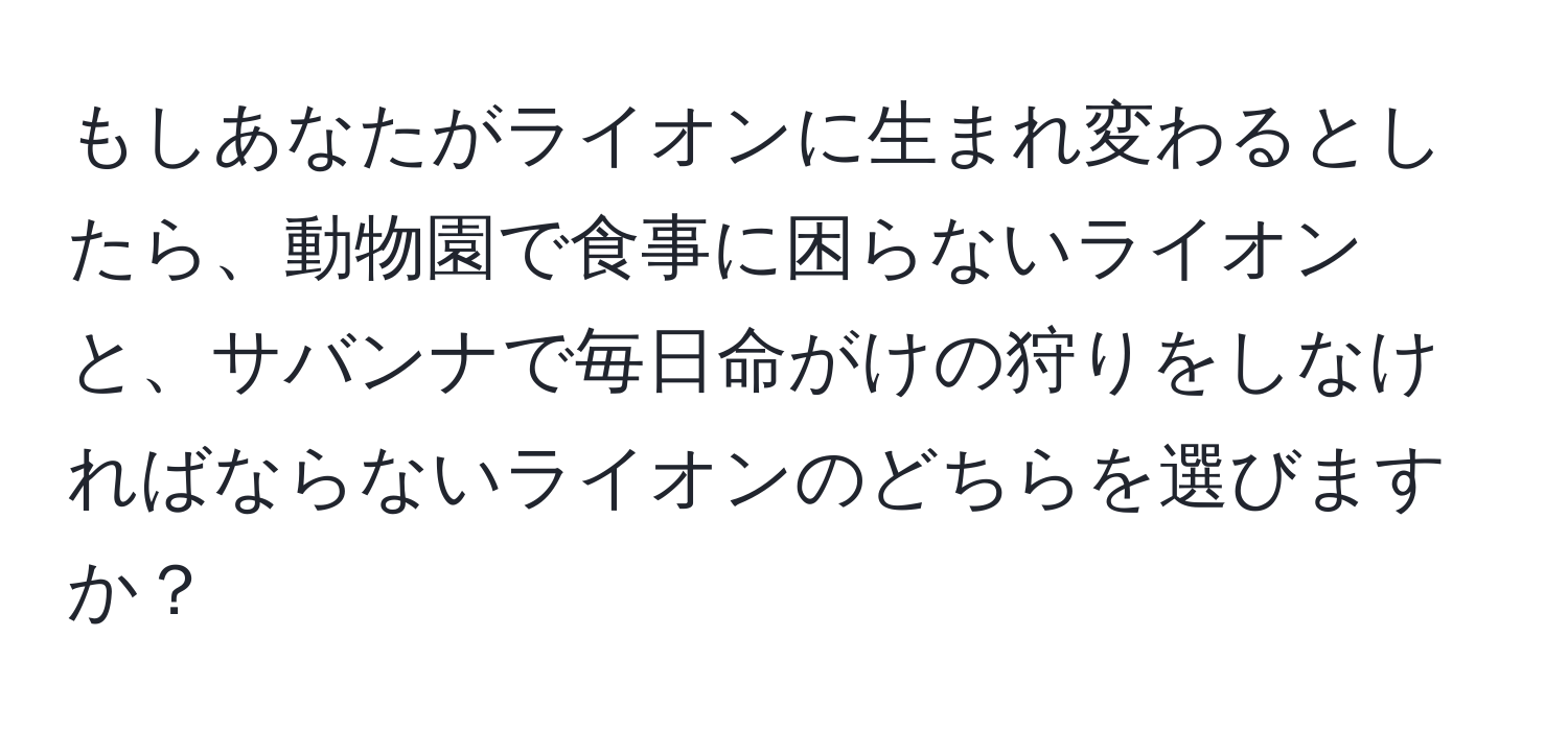 もしあなたがライオンに生まれ変わるとしたら、動物園で食事に困らないライオンと、サバンナで毎日命がけの狩りをしなければならないライオンのどちらを選びますか？