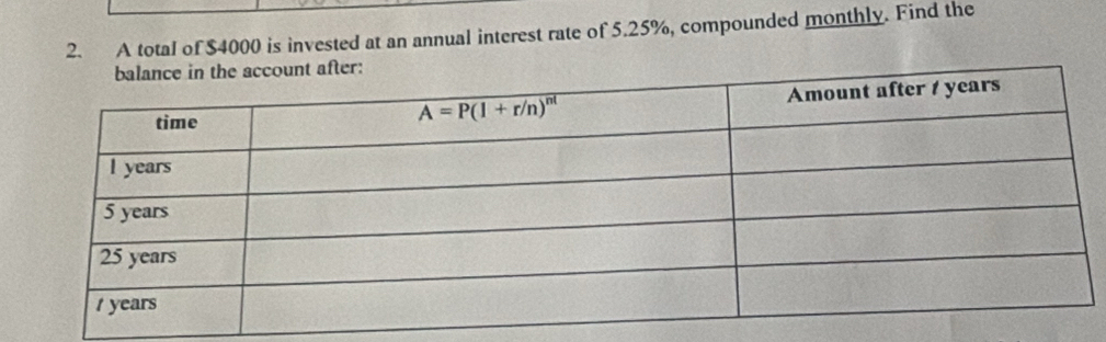 A total of $4000 is invested at an annual interest rate of 5.25%, compounded monthly. Find the