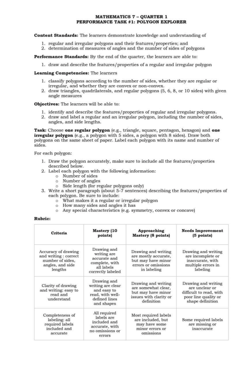 Solved: MATHEMATICS 7 - QUARTER 1 PERFORMANCE TASK #1: POLYGON EXPLORER ...