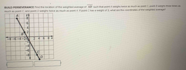 BUILD PERSEVERANCE Find the location of the weighted average of overline AD such that point A weighs twice as much as point C, point B weighs three times as 
much as point C, and point D weighs twice as much as point A. If point C has a weight of 2, what are the coordinates of the weighted average?