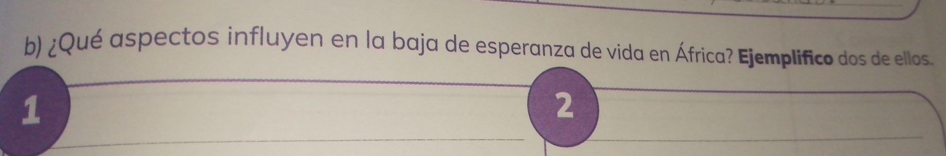 ¿Qué aspectos influyen en la baja de esperanza de vida en África? Ejemplifico dos de ellos
1
2