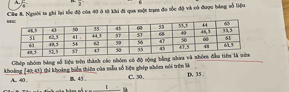  1/6 · overline overline 2
6
Câu 8. Người ta ghi lại tốc độ của 40 ô tô khi đi qua một trạm đo tốc độ và có được bảng số liệu
Ghép nhóm bảng số liệu trên thành các nhóm có độ rộng bằng nh
khoảng [40;45) thì khoảng biến thiên của mẫu số liệu ghép nhóm nói trên là
A. 40. B. 45. C. 30.
D. 35.
v=_ 1la