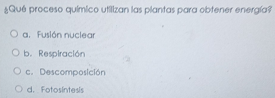 ¿Qué proceso químico utilizan las plantas para obtener energía?
a. Fusión nuclear
b. Respiración
c. Descomposición
d. Fotosíntesis