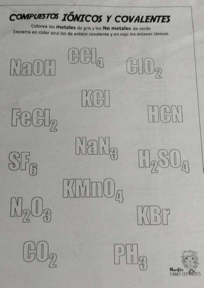 COMPUESTOS IÓNICOS y COVALENTEs 
Colorea los metales de gris y los No metales de verde 
Encierra en color azul los de enlace covalente y en rojo los enlaces Iónicos 
CCl, 
NaOH GlO2 
KCI 
FeCl₂ 
HCN 
NaNg 
SF H7SO4 
n0 a 
NgO3 
a 
GO2 
PF 

MABDy cervaries