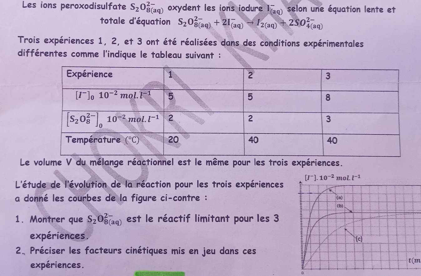 Les ions peroxodisulfate S_2O_(8(aq))^(2-) oxydent les ions iodure F_((aq))^- selon une équation lente et
totale d'équation S_2O_(8(aq))^(2-)+2I_((aq))^-to I_2(aq)+2SO_(4(aq))^(2-)
Trois expériences 1, 2, et 3 ont été réalisées dans des conditions expérimentales
différentes comme l'indique le tableau suivant :
Le volume V du mélange réactionnel est le même pour les trois expériences.
L'étude de l'évolution de la réaction pour les trois expériences
a donné les courbes de la figure ci-contre : 
1. Montrer que S_2O_(8(aq))^(2-) est le réactif limitant pour les 3
expériences.
2. Préciser les facteurs cinétiques mis en jeu dans ces
expériences.
t(m
。