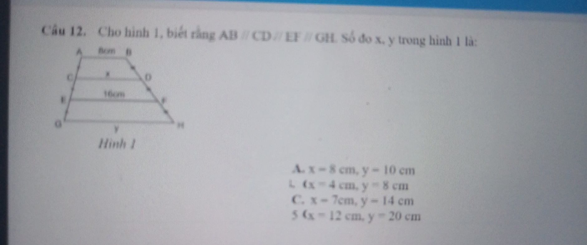 Cho hinh 1, biét ràng ABparallel CDparallel EFparallel GH Só do x, y trong hinh 1 là:
A、 x=8cm, y=10cm
tx=4cm, y=8cm
C. x=7cm, y=14cm
5 (x=12cm, y=20cm