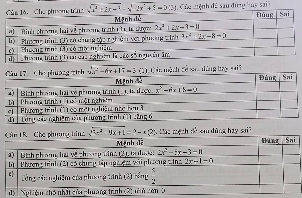 sqrt(x^2+2x-3)-sqrt(-2x^2+5)=0 (3). Các mệnh đề sau đúng hay sai?
sqrt(x^2-6x+17)=3. Các mệnh đề sau đúng hay sai?
sqrt(3x^2-9x+1)=2-x(2). Các mệnh đề sau đúng hay sai?