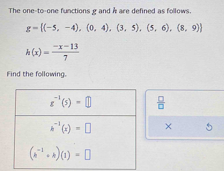 The one-to-one functions g and h are defined as follows.
g= (-5,-4),(0,4),(3,5),(5,6),(8,9)
h(x)= (-x-13)/7 
Find the following.
 □ /□  
×