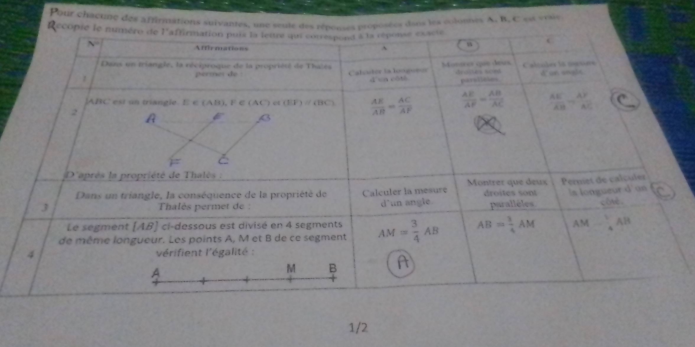 Pour chacune des affirmations suivantes, s dans les coloues A. B, C est vraie
1/2