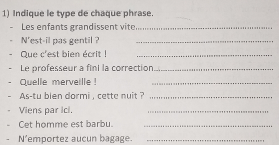 Indique le type de chaque phrase. 
_ 
Les enfants grandissent vite_ 
N'est-il pas gentil ?_ 
Que c'est bien écrit !_ 
Le professeur a fini la correction_ 
Quelle merveille !_ 
As-tu bien dormi , cette nuit ?_ 
Viens par ici. 
_ 
Cet homme est barbu._ 
N’emportez aucun bagage._