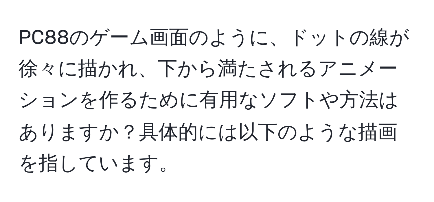 PC88のゲーム画面のように、ドットの線が徐々に描かれ、下から満たされるアニメーションを作るために有用なソフトや方法はありますか？具体的には以下のような描画を指しています。