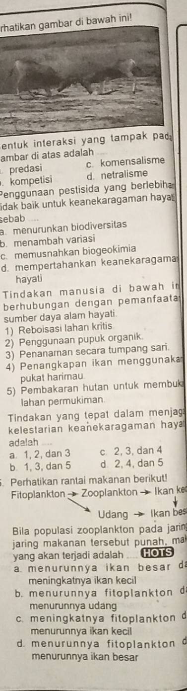 rhatikan gambar di bawah ini!
entuk interaksi yang tampak pad
ambar di atas adalah
predasi c komensalisme. kompetisi d. netralisme
Penggunaan pestisida yang berlebiha
idak baik untuk keanekaragaman haya 
sebab
a menurunkan biodiversitas
b. menambah variasi
c. memusnahkan biogeokimia
d. mempertahankan keanekaragama
hayati
Tindakan manusia di bawah in
berhubungan dengan pemanfaata
sumber daya alam hayati.
1) Reboisasi Iahan kritis
2) Penggunaan pupuk organik.
3) Penanaman secara tumpang sari.
4) Penangkapan ikan menggunak
pukat harimau
5) Pembakaran hutan untuk membuk
lahan permukiman.
Tindakan yang tepat dalam menja
kelestarian keanekaragaman hay
adalah
a. 1, 2, dan 3 c 2, 3, dan 4
b 1, 3, dan 5 d 2, 4, dan 5. Perhatikan rantai makanan berikut!
Fitoplankton Zooplankton Ikan ke
Udang Ikan bes
Bila populasi zooplankton pada jarin
jaring makanan tersebut punah, ma
yang akan terjadi adalah HOTS
a menurunnya ikan besar d
meningkatnya ikan kecil
b. menurunnya fitoplankton d
menurunnya udang
c.meningkatnya fitoplankton 
menurunnya ikan kecil
d. menurunnya fitoplankton 
menurunnya ikan besar