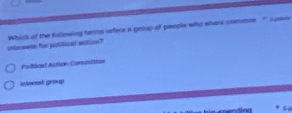 interents for political ection? Which of the fullowing temns sefers a group of people who whas coenmoe
*
Palical Action Commition
intorest group
6