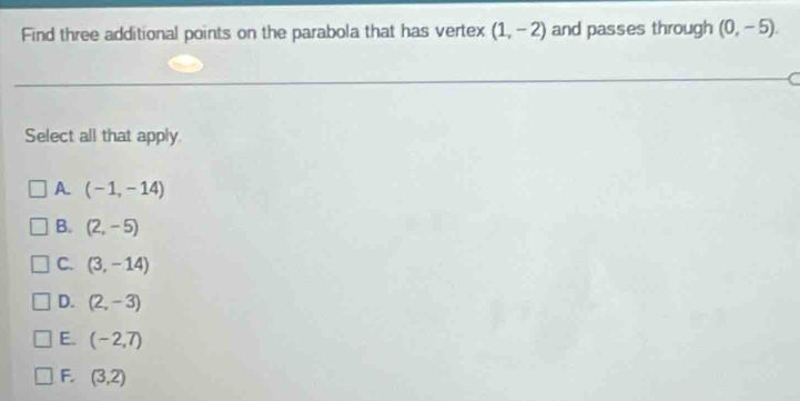 Find three additional points on the parabola that has vertex (1,-2) and passes through (0,-5). 
Select all that apply.
A (-1,-14)
B. (2,-5)
C. (3,-14)
D. (2,-3)
E. (-2,7)
F. (3,2)