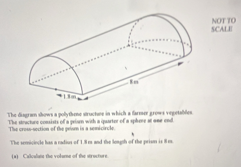 NOT TO 
SCALE 
The diagram shows a polythene structure in which a farmer grows vegetables. 
The structure consists of a prism with a quarter of a sphere at one end. 
The cross-section of the prism is a semicircle. 
The semicircle has a radius of 1.8m and the length of the prism is 8m. 
(a) Calculate the volume of the structure.