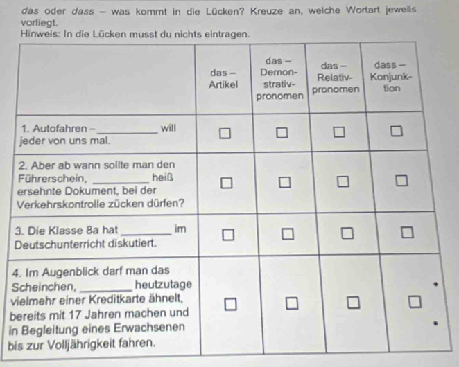 das oder dass - was kommt in die Lücken? Kreuze an, welche Wortart jeweils
vorliegt.
3
4
S
v
b
in
bi