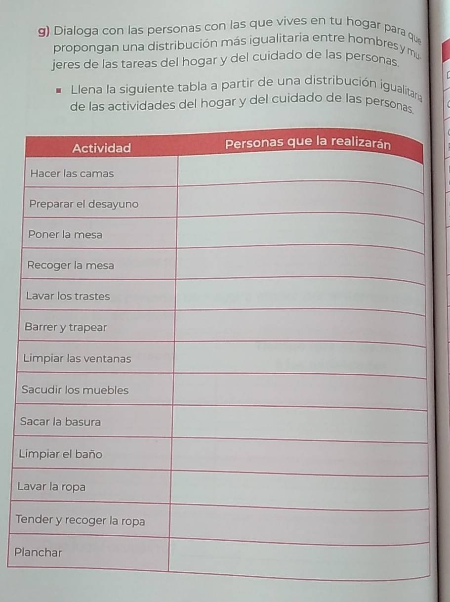 Dialoga con las personas con las que vives en tu hogar para que
propongan una distribución más igualitaria entre hombres y mu
jeres de las tareas del hogar y del cuidado de las personas.
| Llena la siguiente tabla a partir de una distribución igualitaria
de las actividades del hogar y del cuidado de las personas.
S
S
L
L
Te
Pl