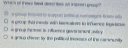 Which of these hed descrites an interest grea?
a group feroed to support polis ot compagns tranelally
a group that meets with lawmaliers to influrnce legislation
a group formed to influence government potisy
a group driven by the political interests of the community