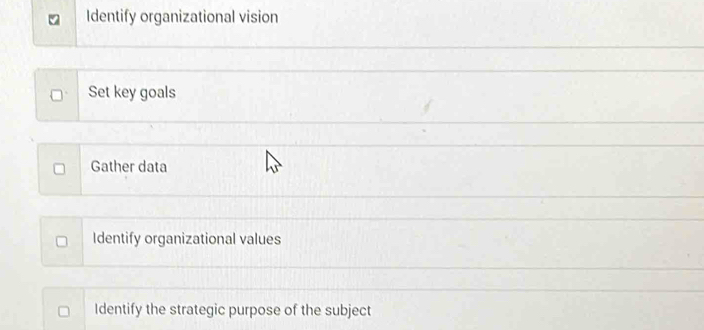 Identify organizational vision
Set key goals
Gather data
Identify organizational values
Identify the strategic purpose of the subject