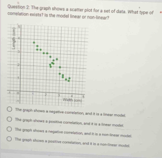 The graph shows a scatter plot for a set of data. What type of
correlation exists? Is the model linear or non-linear?
The graph shows a negative correlation, and it is a linear model.
The graph shows a positive correlation, and it is a linear model.
The graph shows a negative correlation, and it is a nom-linear model.
The graph shows a positive correlation, and it is a non-linear model.