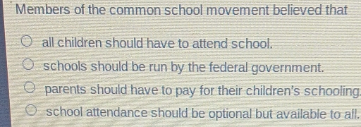 Members of the common school movement believed that
all children should have to attend school.
schools should be run by the federal government.
parents should have to pay for their children's schooling.
school attendance should be optional but available to all.