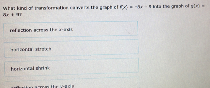 What kind of transformation converts the graph of f(x)=-8x-9 Into the graph of g(x)=
8x+9 ?
reflection across the x-axis
horizontal stretch
horizontal shrink
floction across the v -axis