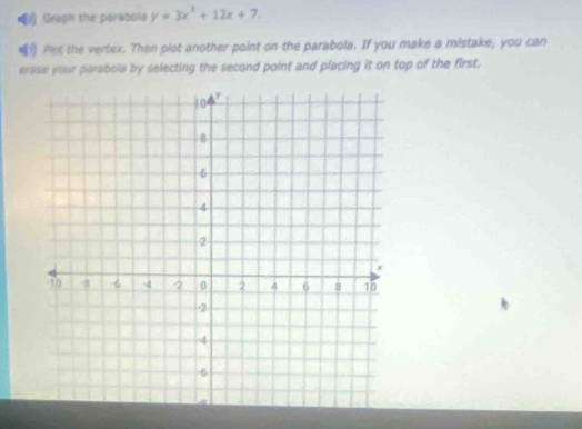 Graph the parabola y=3x^2+12x+7. 
Plot the vertex. Then plot another point on the parabola. If you make a mistake, you can 
erase your parabola by selecting the second point and placing it on top of the first.