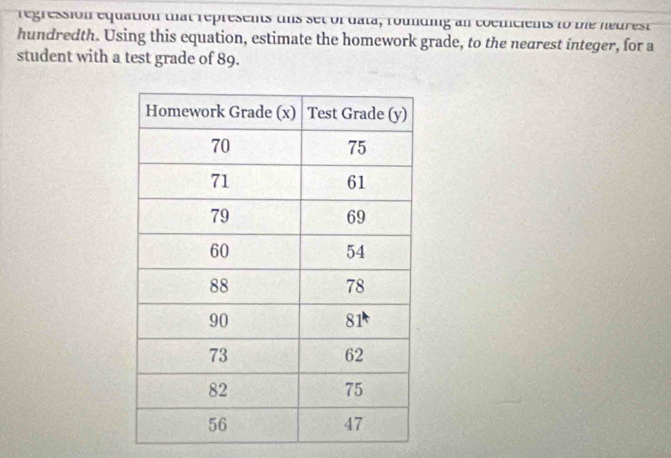 regression equation that represents this set of data, rounding an coemcients to the neurest 
hundredth. Using this equation, estimate the homework grade, to the nearest integer, for a 
student with a test grade of 89.