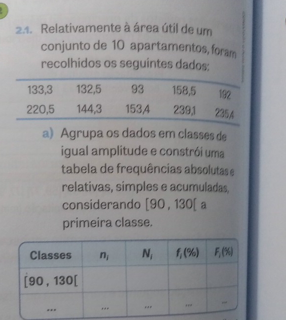 Relativamente à área útil de um
conjunto de 10 apartamentos, foram
recolhidos os seguintes dados:
a) Agrupa os dados em classes de
igual amplitude e constrói uma
tabela de frequências absolutas e
relativas, símples e acumuladas,
considerando [90,130[a
primeira classe.