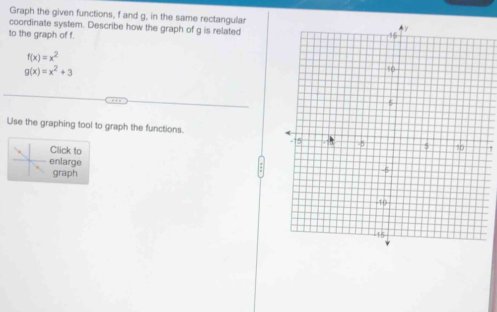 Graph the given functions, f and g, in the same rectangular
coordinate system. Describe how the graph of g is related
to the graph of f.
f(x)=x^2
g(x)=x^2+3
Use the graphing tool to graph the functions.
1
Click to 
enlarge
graph