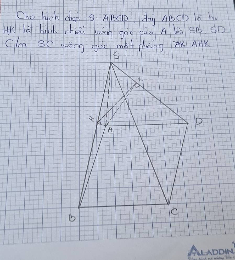 Cho hinh chán S: ABCP, day AbCD 1á hu 
H lā hinh chiiú wōng gòc càa A lén SO, SD