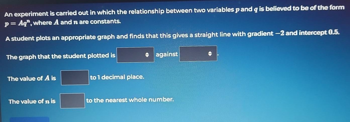 An experiment is carried out in which the relationship between two variables p and q is believed to be of the form
p=Aq^n , where A and n are constants. 
A student plots an appropriate graph and finds that this gives a straight line with gradient —2 and intercept (.5. 
The graph that the student plotted is / against □ /
The value of A is □ to 1 decimal place. 
The value of n is □° to the nearest whole number.