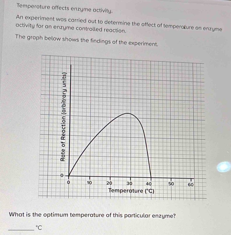 Temperature affects enzyme activity.
An experiment was carried out to determine the affect of temperature on enzyme
activity for an enzyme controlled reaction.
The graph below shows the findings of the experiment.
What is the optimum temperature of this particular enzyme?
_°C