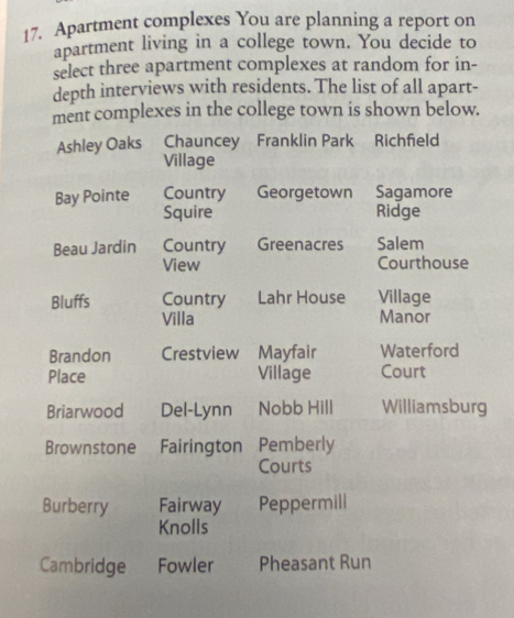 Apartment complexes You are planning a report on 
apartment living in a college town. You decide to 
select three apartment complexes at random for in- 
depth interviews with residents. The list of all apart- 
ment complexes in the college town is shown below. 
Ashley Oaks Chauncey Franklin Park Richfeld 
Village 
Bay Pointe Country Georgetown Sagamore 
Squire Ridge 
Beau Jardin Country Greenacres Salem 
View Courthouse 
Bluffs Country Lahr House Village 
Villa Manor 
Brandon Crestview Mayfair Waterford 
Place Village Court 
Briarwood Del-Lynn Nobb Hill Williamsburg 
Brownstone Fairington Pemberly 
Courts 
Burberry Fairway Peppermill 
Knolls 
Cambridge Fowler Pheasant Run