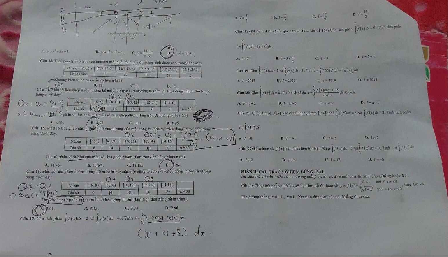 6
A. I= 5/2  4 I= 7/2  C. I= 17/2  D. I= 11/2 
y
Câu 18: (Đề thi THPT Quốc gia năm 2017-Ma đề 104) Cho tích phần ∈tlimits _0^((frac e)3)f(x)dx=5 5. Tính tích phân
A. y=x^2-3x-1. B. y=x^3-x^2+1. C. y= (2x+1)/x-3 . D. =x^3-3x+1.
I=∈tlimits _0^((frac π)2)[f(x)+2sin x]dx.
A. I=7 B. I=5+ π /2  C. I=3 D. I=5+π
Câu 13. Thời gian (phút) truy cập in
Câu 19: Cho ∈tlimits _0^(1f(x)dx=2v ∈tlimits _1^tg(x)dx=1. Tim I=∈tlimits _1^1[1008f(x)+2g(x)] lx
I=2016 C. I=2019 D. I=2018
A. I=2017 B.
15 B. 22 C. 3 D.17.
Câu 14. Mẫu số liệu ghép nhóm thống kê mức lương của một công ty (đơn vị: triệu đồng) được cho trong Câu 20: Chơ ∈tlimits _0^(frac π)4)f(x)dx=a. TinhtichphanI=∈tlimits _0^((frac π)4) (f(x)cos^2x-5)/cos^2x dx
bảng dướ
A. I=a-2 B. I=a-5 C. I=a D. l=a-1
Tâm từ phân vị thứ nhất của mẫu số liệu ghép nhóm (làm tròn đến hàng phần trăm) Câu 21. Cho hàm số f(x) xác định liên tục trên [0,4] thòu ∈tlimits _0^(4f(x)dx=5va∈tlimits _0^tf(x)dx=3 Tinh tích phân
A. 9,12 . B. 8/93 C. 8,8 1 . D. 8, 96 .
Câu 15. Mẫu số liệu ghép nhóm thống kê mức lương của một công ty (đơn vị: triệu đồng) được cho trong
I = ∈tlimits _1^4f(x)dx.
bàng duớD. / = 2
I=8 B. I=-1 C. I=2
u 22: Cho hàm số f(x) xác định liên tục trên R có ∈tlimits _2^3f(x)dx=3vh∈tlimits _3^7f(x)dx=9.Tinl hI=∈tlimits _2^+f(x) lx
Tim tứ phân vị thứ ba của mẫu số liệu ghép nhóm (làm tròn đến hàng phần trăm) A. 1 = C. I=12 D. I=-6
B. I=6
A. 11,45 B. 11.67 C. 12,12 D. 1). 94 .
Câu 16. Mẫu số liệu ghép nhóm thống kê mức lương của một công ty (đơn vị. triệu đồng) được cho trong  phàn II. câu trác nghiệm đúng , sal.
bảng dưới đâThí sinh trả lời cầu 1 đến cầu 4. Trong mỗi ỷ a), b), c), d) ở mỗi câu, thi sinh chọn Đủng hoặc Sai.
Câu 1: Cho hình phẳng (H) giới hạn bởi đồ thị hàm số y=f(x)=beginarray)l x^3+1khi0 trục Ox và
Tim khoảng tứ phân vị của mẫu số liệu ghép nhóm (làm tròn đến hàng phần trăm). các đường thẳng x=-1,x=1. Xét tính đúng sai của các khẳng định sau:
A .01. B. 3.15 C. 3.34 . D. 2.96 .
Câu 17. Cho tích phân ∈tlimits _(-1)^2f(x)dx=2 ∈tlimits _(-1)^2g(x)dx=-1. Tinh I=∈tlimits _(-1)^2[x+2f(x)-3g(x)]dx.