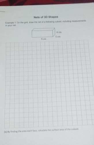 Nets of 3D Shapes 
in your net. Example 1: On the grid, draw the net of a following cuboid, including measurements 
b By finding the area each face, calculate the surface area of the cuboid.